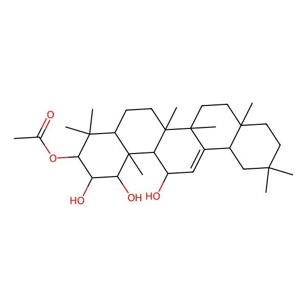 2D Structure of [(1S,2R,3R,4aS,6aR,6bS,8aR,12aR,14R,14aS,14bS)-1,2,14-trihydroxy-4,4,6a,6b,8a,11,11,14b-octamethyl-1,2,3,4a,5,6,7,8,9,10,12,12a,14,14a-tetradecahydropicen-3-yl] acetate