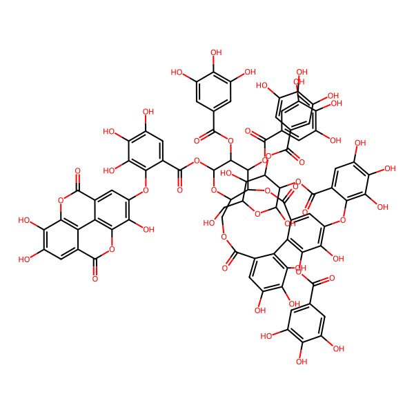 2D Structure of [2,5-Dihydroxy-6-(hydroxymethyl)-4-(3,4,5-trihydroxybenzoyl)oxyoxan-3-yl] 3,4,5-trihydroxy-2-[[4,21,22,23-tetrahydroxy-8,18-dioxo-3,11,12-tris[(3,4,5-trihydroxybenzoyl)oxy]-13-[3,4,5-trihydroxy-2-[(7,13,14-trihydroxy-3,10-dioxo-2,9-dioxatetracyclo[6.6.2.04,16.011,15]hexadeca-1(15),4,6,8(16),11,13-hexaen-6-yl)oxy]benzoyl]oxy-9,14,17-trioxatetracyclo[17.4.0.02,7.010,15]tricosa-1(23),2,4,6,19,21-hexaen-5-yl]oxy]benzoate