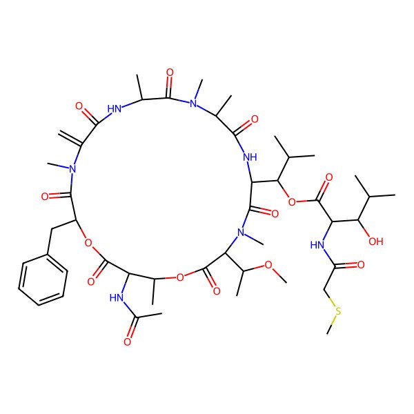 2D Structure of [1-[21-Acetamido-18-benzyl-3-(1-methoxyethyl)-4,9,10,12,16,22-hexamethyl-15-methylidene-2,5,8,11,14,17,20-heptaoxo-1,19-dioxa-4,7,10,13,16-pentazacyclodocos-6-yl]-2-methylpropyl] 3-hydroxy-4-methyl-2-[(2-methylsulfanylacetyl)amino]pentanoate