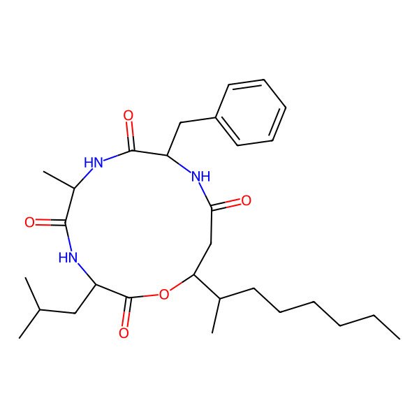 2D Structure of (3R,6S,9S,13R)-9-benzyl-6-methyl-3-(2-methylpropyl)-13-[(2S)-octan-2-yl]-1-oxa-4,7,10-triazacyclotridecane-2,5,8,11-tetrone
