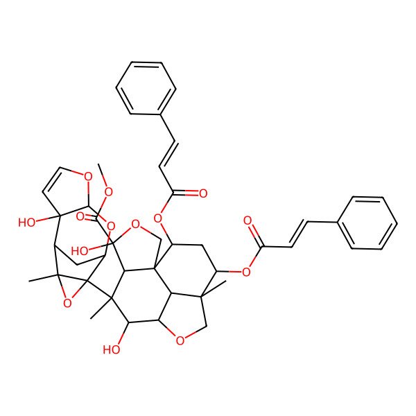 2D Structure of methyl (1R,4S,5R,6S,7S,8R,11R,12R,14S,15S)-4,7-dihydroxy-6-[(1S,2R,6S,8S,9R,11S)-2-hydroxy-11-methyl-5,7,10-trioxatetracyclo[6.3.1.02,6.09,11]dodec-3-en-9-yl]-6,11-dimethyl-12,14-bis[[(E)-3-phenylprop-2-enoyl]oxy]-3,9-dioxatetracyclo[6.6.1.01,5.011,15]pentadecane-4-carboxylate