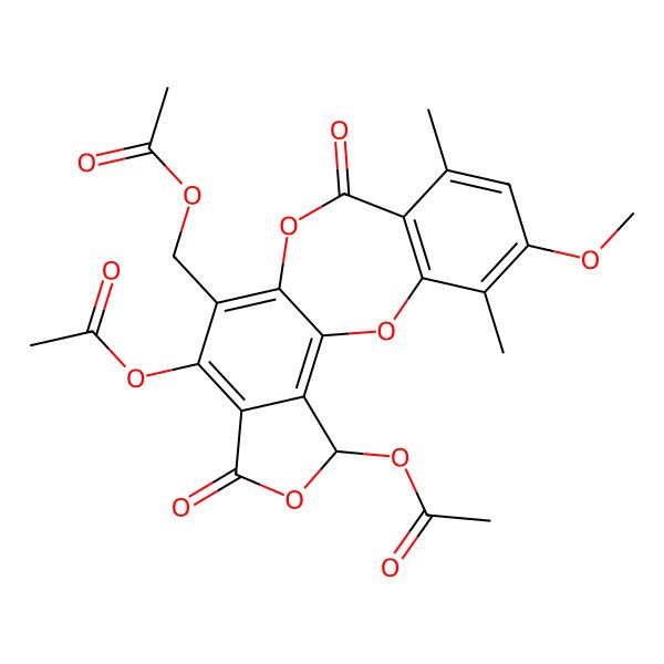 2D Structure of (13,17-Diacetyloxy-5-methoxy-4,7-dimethyl-9,15-dioxo-2,10,16-trioxatetracyclo[9.7.0.03,8.014,18]octadeca-1(18),3(8),4,6,11,13-hexaen-12-yl)methyl acetate