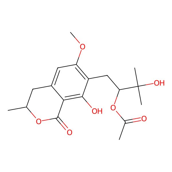 2D Structure of 1H-2-Benzopyran-1-one, 7-[2-(acetyloxy)-3-hydroxy-3-methylbutyl]-3,4-dihydro-8-hydroxy-6-methoxy-3-methyl-, [S-(R*,R*)]-