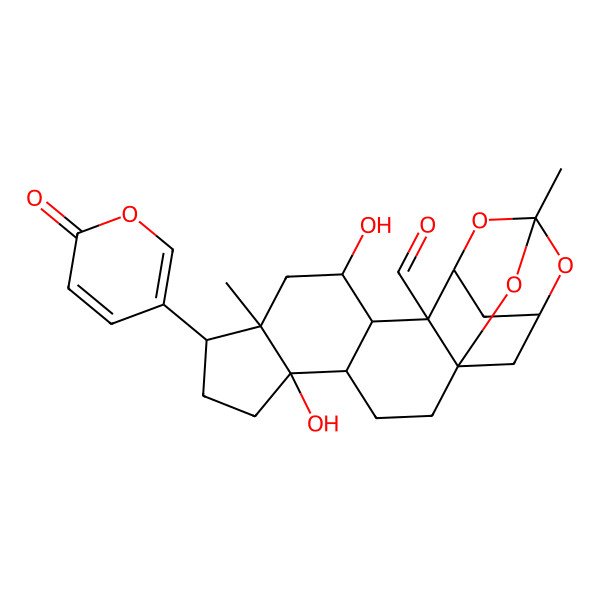2D Structure of 5,11-Dihydroxy-9,16-dimethyl-8-(6-oxopyran-3-yl)-15,17,20-trioxahexacyclo[14.3.1.114,18.01,13.04,12.05,9]henicosane-13-carbaldehyde