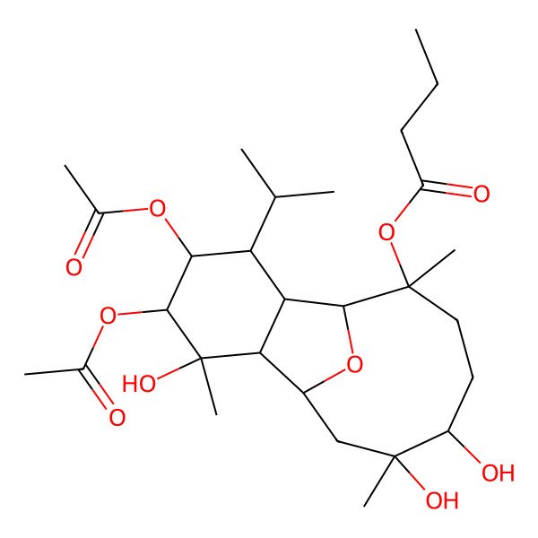 2D Structure of [(1R,2S,3S,4R,5S,6R,7R,8R,9R,12S,13S)-4,5-diacetyloxy-3,12,13-trihydroxy-3,9,13-trimethyl-6-propan-2-yl-15-oxatricyclo[6.6.1.02,7]pentadecan-9-yl] butanoate