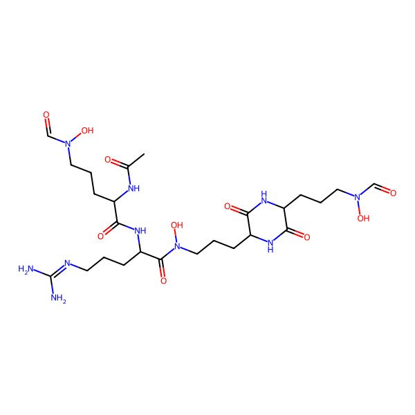 2D Structure of (2R)-2-[[(2S)-2-acetamido-5-[formyl(hydroxy)amino]pentanoyl]amino]-5-(diaminomethylideneamino)-N-[3-[(2S,5S)-5-[3-[formyl(hydroxy)amino]propyl]-3,6-dioxopiperazin-2-yl]propyl]-N-hydroxypentanamide