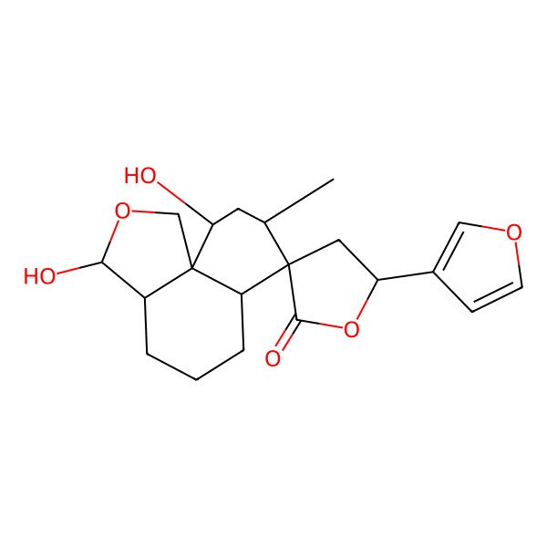 2D Structure of NCGC00384904-01_C20H26O6_(3R,3'R,3a'R,5S,6a'S,8'R,10'R,10a'R)-5-(3-Furyl)-3',10'-dihydroxy-8'-methyldecahydro-8'H-spiro[furan-3,7'-naphtho[1,8a-c]furan]-2-one