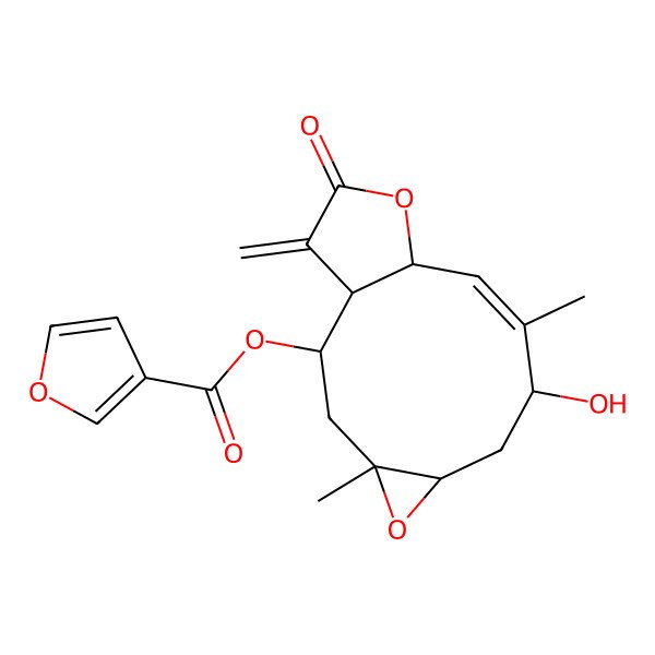 2D Structure of (8-Hydroxy-4,9-dimethyl-14-methylidene-13-oxo-5,12-dioxatricyclo[9.3.0.04,6]tetradec-9-en-2-yl) furan-3-carboxylate
