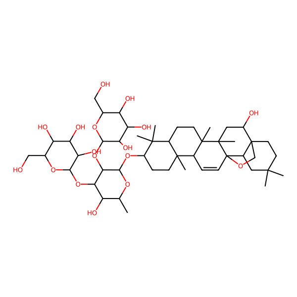 2D Structure of (2S,3R,4S,5S,6R)-2-[(2R,3R,4S,5S,6R)-5-hydroxy-2-[[(1S,2S,4S,5R,8R,10S,13S,14R,17S,18R)-2-hydroxy-4,5,9,9,13,20,20-heptamethyl-24-oxahexacyclo[15.5.2.01,18.04,17.05,14.08,13]tetracos-15-en-10-yl]oxy]-6-methyl-3-[(2S,3R,4S,5S,6R)-3,4,5-trihydroxy-6-(hydroxymethyl)oxan-2-yl]oxyoxan-4-yl]oxy-6-(hydroxymethyl)oxane-3,4,5-triol