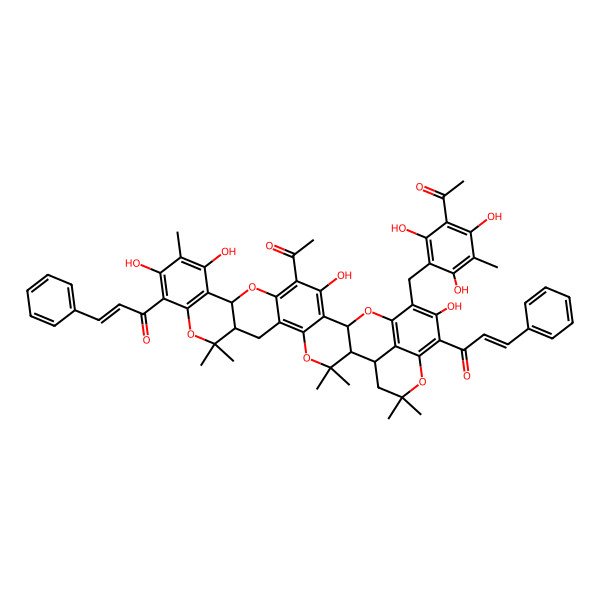 2D Structure of 1-[20-Acetyl-26-[(3-acetyl-2,4,6-trihydroxy-5-methylphenyl)methyl]-13,15,21,27-tetrahydroxy-3,3,9,9,14,31,31-heptamethyl-28-(3-phenylprop-2-enoyl)-4,10,18,24,30-pentaoxaoctacyclo[23.7.1.02,23.05,22.06,19.08,17.011,16.029,33]tritriaconta-5,11(16),12,14,19,21,25(33),26,28-nonaen-12-yl]-3-phenylprop-2-en-1-one