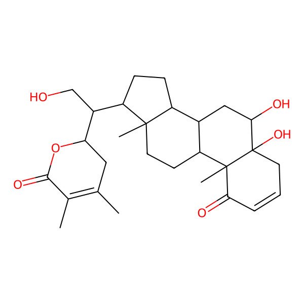 2D Structure of (2R)-2-[(1R)-1-[(5R,6R,8R,9R,10R,13S,14S,17R)-5,6-dihydroxy-10,13-dimethyl-1-oxo-6,7,8,9,11,12,14,15,16,17-decahydro-4H-cyclopenta[a]phenanthren-17-yl]-2-hydroxyethyl]-4,5-dimethyl-2,3-dihydropyran-6-one
