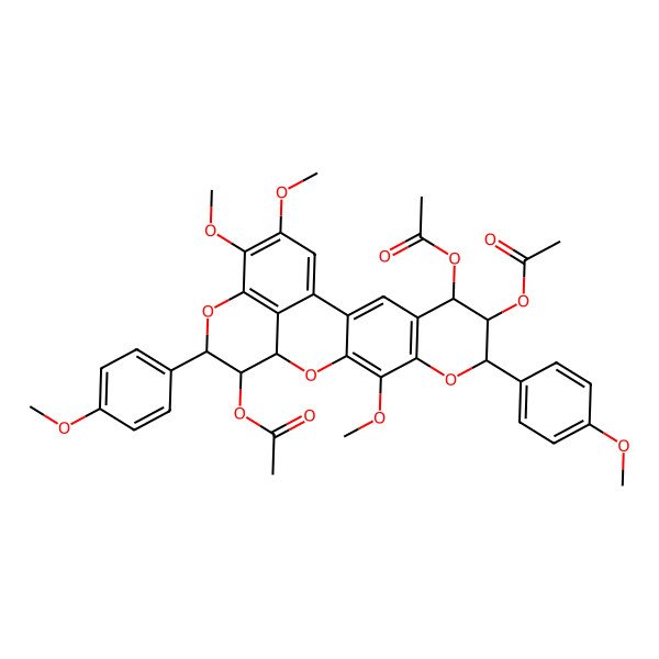 2D Structure of [5,6-Diacetyloxy-10,18,19-trimethoxy-7,15-bis(4-methoxyphenyl)-8,12,16-trioxapentacyclo[11.7.1.02,11.04,9.017,21]henicosa-1(20),2,4(9),10,17(21),18-hexaen-14-yl] acetate