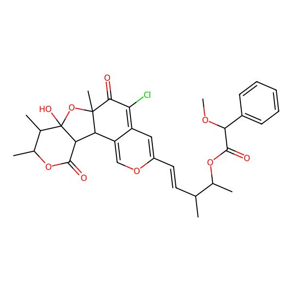 2D Structure of [(E,2R,3R)-5-[(1S,10S,12R,13R,14R,17R)-8-chloro-12-hydroxy-10,13,14-trimethyl-9,16-dioxo-4,11,15-trioxatetracyclo[8.7.0.02,7.012,17]heptadeca-2,5,7-trien-5-yl]-3-methylpent-4-en-2-yl] (2R)-2-methoxy-2-phenylacetate