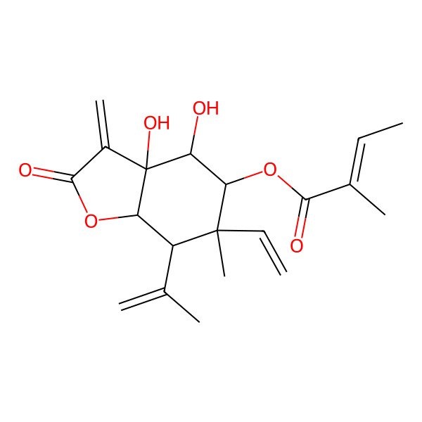 2D Structure of (6-Ethenyl-3a,4-dihydroxy-6-methyl-3-methylidene-2-oxo-7-prop-1-en-2-yl-4,5,7,7a-tetrahydro-1-benzofuran-5-yl) 2-methylbut-2-enoate