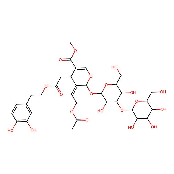 2D Structure of methyl (4S,5E,6S)-5-(2-acetyloxyethylidene)-6-[(2S,3R,4S,5R,6R)-3,5-dihydroxy-6-(hydroxymethyl)-4-[(2S,3R,4S,5S,6R)-3,4,5-trihydroxy-6-(hydroxymethyl)oxan-2-yl]oxyoxan-2-yl]oxy-4-[2-[2-(3,4-dihydroxyphenyl)ethoxy]-2-oxoethyl]-4H-pyran-3-carboxylate