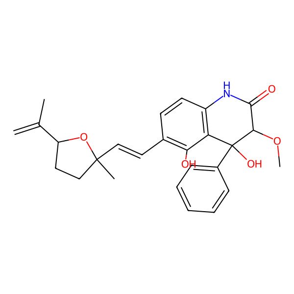 2D Structure of 4,5-Dihydroxy-3-methoxy-6-[2-(2-methyl-5-prop-1-en-2-yloxolan-2-yl)ethenyl]-4-phenyl-1,3-dihydroquinolin-2-one