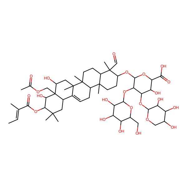2D Structure of 6-[[8a-(Acetyloxymethyl)-4-formyl-8,9-dihydroxy-4,6a,6b,11,11,14b-hexamethyl-10-(2-methylbut-2-enoyloxy)-1,2,3,4a,5,6,7,8,9,10,12,12a,14,14a-tetradecahydropicen-3-yl]oxy]-3-hydroxy-5-[3,4,5-trihydroxy-6-(hydroxymethyl)oxan-2-yl]oxy-4-(3,4,5-trihydroxyoxan-2-yl)oxyoxane-2-carboxylic acid