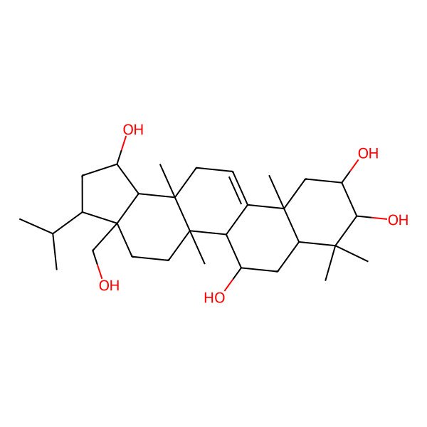2D Structure of 3a-(Hydroxymethyl)-5a,8,8,11a,13a-pentamethyl-3-propan-2-yl-1,2,3,4,5,5b,6,7,7a,9,10,11,13,13b-tetradecahydrocyclopenta[a]chrysene-1,6,9,10-tetrol