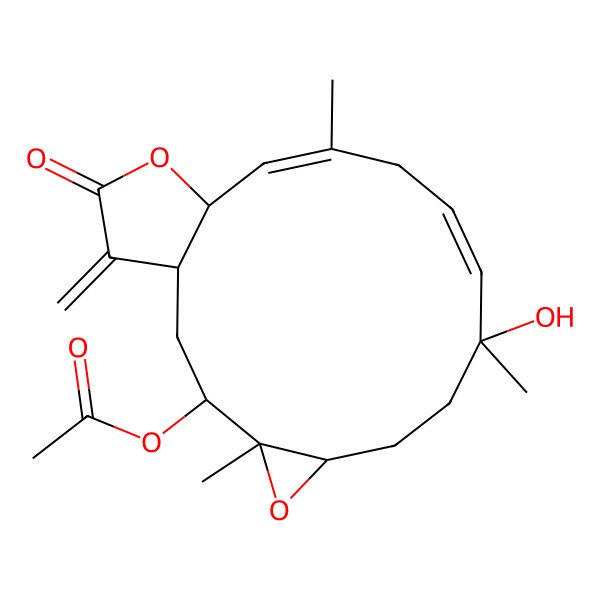 2D Structure of [(1S,3R,4S,6S,9S,10E,13E,15S)-9-hydroxy-4,9,13-trimethyl-18-methylidene-17-oxo-5,16-dioxatricyclo[13.3.0.04,6]octadeca-10,13-dien-3-yl] acetate