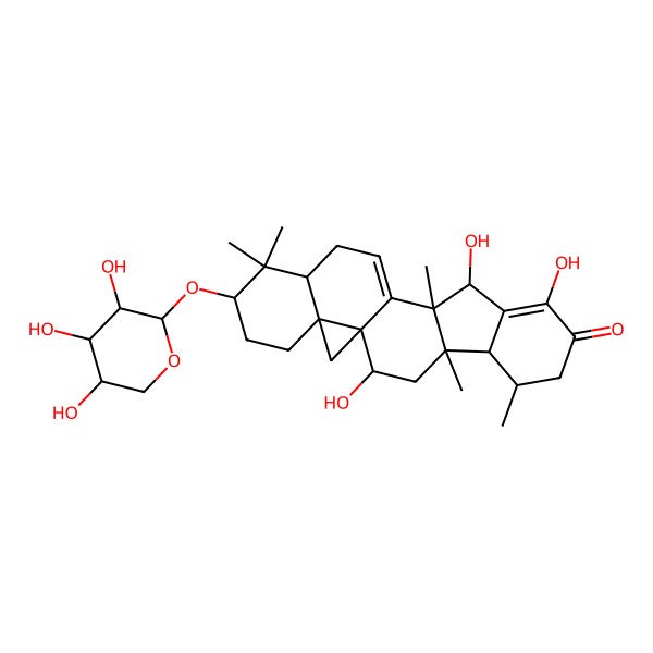 2D Structure of (1S,2S,4R,5R,6R,11R,12R,16R,18S,21R)-2,9,11-trihydroxy-4,6,12,17,17-pentamethyl-18-[(2S,3R,4S,5R)-3,4,5-trihydroxyoxan-2-yl]oxyhexacyclo[11.9.0.01,21.04,12.05,10.016,21]docosa-9,13-dien-8-one