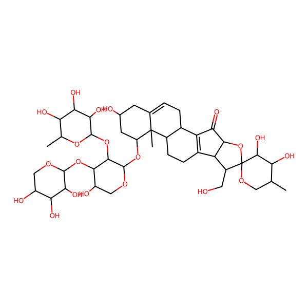 2D Structure of 3',4',16-Trihydroxy-7-(hydroxymethyl)-14-[5-hydroxy-3-(3,4,5-trihydroxy-6-methyloxan-2-yl)oxy-4-(3,4,5-trihydroxyoxan-2-yl)oxyoxan-2-yl]oxy-5',13-dimethylspiro[5-oxapentacyclo[10.8.0.02,9.04,8.013,18]icosa-2(9),18-diene-6,2'-oxane]-3-one