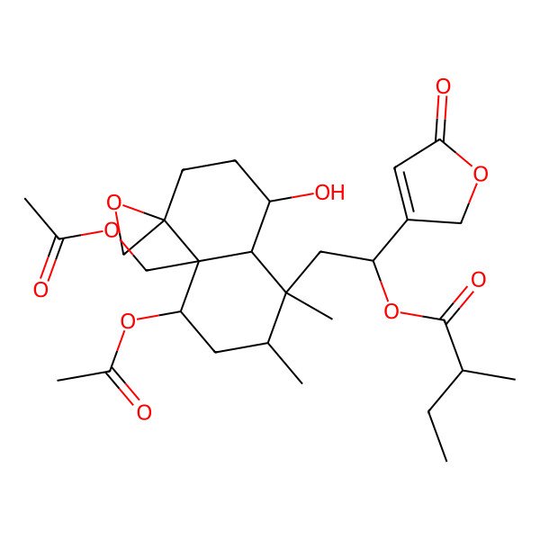2D Structure of [2-[4-acetyloxy-4a-(acetyloxymethyl)-8-hydroxy-1,2-dimethylspiro[3,4,6,7,8,8a-hexahydro-2H-naphthalene-5,2'-oxirane]-1-yl]-1-(5-oxo-2H-furan-3-yl)ethyl] 2-methylbutanoate