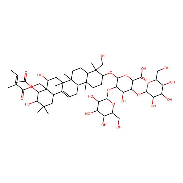 2D Structure of (2S,3S,4S,5R,6R)-6-[[(3S,4S,4aR,6aR,6bS,8R,8aR,9R,10R,12aS,14aR,14bR)-8a-(acetyloxymethyl)-8,10-dihydroxy-4-(hydroxymethyl)-4,6a,6b,11,11,14b-hexamethyl-9-(2-methylbut-2-enoyloxy)-1,2,3,4a,5,6,7,8,9,10,12,12a,14,14a-tetradecahydropicen-3-yl]oxy]-4-hydroxy-3,5-bis[[(2S,3R,4S,5S,6R)-3,4,5-trihydroxy-6-(hydroxymethyl)oxan-2-yl]oxy]oxane-2-carboxylic acid