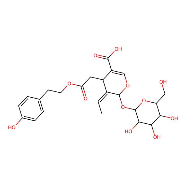 2D Structure of (4S,5E,6S)-5-ethylidene-4-[2-[2-(4-hydroxyphenyl)ethoxy]-2-oxoethyl]-6-[(2S,3R,4S,5S,6R)-3,4,5-trihydroxy-6-(hydroxymethyl)oxan-2-yl]oxy-4H-pyran-3-carboxylic acid