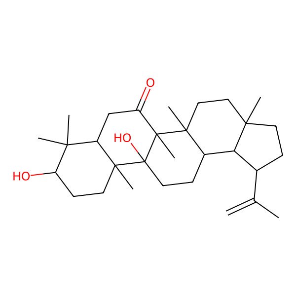 2D Structure of (1R,3aR,5aR,5bS,7aS,9R,11aS,11bS,13aR,13bR)-9,11b-dihydroxy-3a,5a,5b,8,8,11a-hexamethyl-1-prop-1-en-2-yl-1,2,3,4,5,7,7a,9,10,11,12,13,13a,13b-tetradecahydrocyclopenta[a]chrysen-6-one