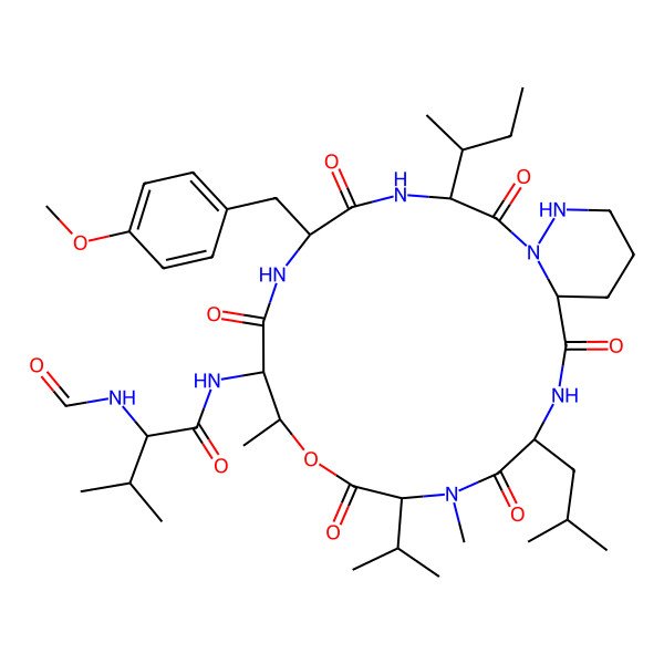 2D Structure of N-[3-butan-2-yl-6-[(4-methoxyphenyl)methyl]-10,14-dimethyl-16-(2-methylpropyl)-2,5,8,12,15,18-hexaoxo-13-propan-2-yl-11-oxa-1,4,7,14,17,23-hexazabicyclo[17.4.0]tricosan-9-yl]-2-formamido-3-methylbutanamide