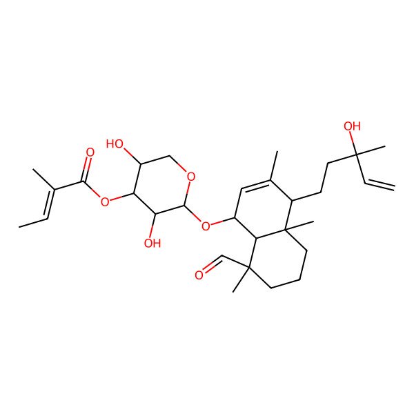 2D Structure of [(2S,3R,4S,5S)-2-[[(1S,4S,4aR,8R,8aR)-8-formyl-4-[(3R)-3-hydroxy-3-methylpent-4-enyl]-3,4a,8-trimethyl-1,4,5,6,7,8a-hexahydronaphthalen-1-yl]oxy]-3,5-dihydroxyoxan-4-yl] (E)-2-methylbut-2-enoate