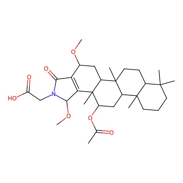 2D Structure of 2-[(1S,4R,5aS,5bR,7aS,11aS,11bR,13R,13aS)-13-acetyloxy-1,4-dimethoxy-5b,8,8,11a,13a-pentamethyl-3-oxo-4,5,5a,6,7,7a,9,10,11,11b,12,13-dodecahydro-1H-phenanthro[2,1-e]isoindol-2-yl]acetic acid