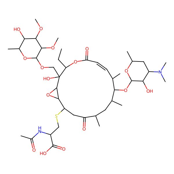2D Structure of (2S)-2-acetamido-3-[[(1R,2S,6Z,8S,9S,10S,12R,16S)-9-[(2S,3R,4S)-4-(dimethylamino)-3-hydroxy-6-methyloxan-2-yl]oxy-3-ethyl-2-hydroxy-2-[[(2R,3R,4R,5R,6R)-5-hydroxy-3,4-dimethoxy-6-methyloxan-2-yl]oxymethyl]-8,10,12-trimethyl-5,13-dioxo-4,17-dioxabicyclo[14.1.0]heptadec-6-en-15-yl]sulfanyl]propanoic acid