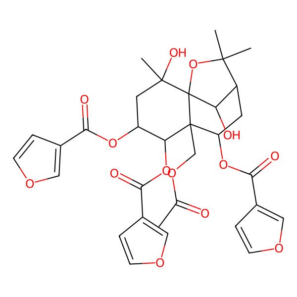 2D Structure of [6-(Acetyloxymethyl)-4,5-bis(furan-3-carbonyloxy)-2,12-dihydroxy-2,10,10-trimethyl-11-oxatricyclo[7.2.1.01,6]dodecan-7-yl] furan-3-carboxylate