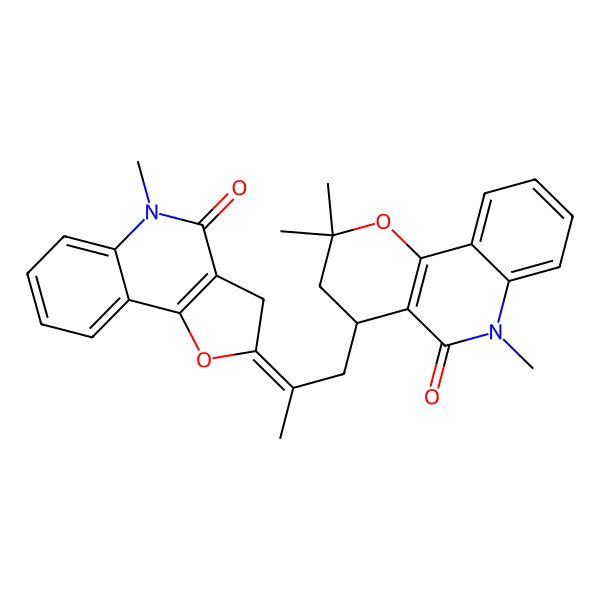 2D Structure of 2,2,6-trimethyl-4-[2-(5-methyl-4-oxo-3H-furo[3,2-c]quinolin-2-ylidene)propyl]-3,4-dihydropyrano[3,2-c]quinolin-5-one