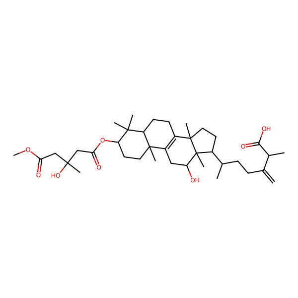 2D Structure of (25S,3'S)-(+)-12alpha-hydroxy-3alpha-(3'-hydroxy-4'-methoxycarbonyl-3'-methylbutyryloxy)-24-methyllanosta-8,24(31)-dien-26-oic acid