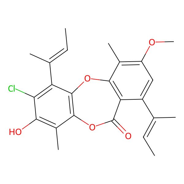 2D Structure of 1,7-bis[(E)-but-2-en-2-yl]-2-chloro-3-hydroxy-9-methoxy-4,10-dimethylbenzo[b][1,4]benzodioxepin-6-one