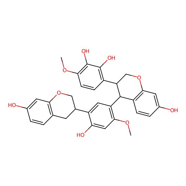 2D Structure of 3-[(3R,4S)-7-hydroxy-4-[4-hydroxy-5-[(3R)-7-hydroxy-3,4-dihydro-2H-chromen-3-yl]-2-methoxyphenyl]-3,4-dihydro-2H-chromen-3-yl]-6-methoxybenzene-1,2-diol