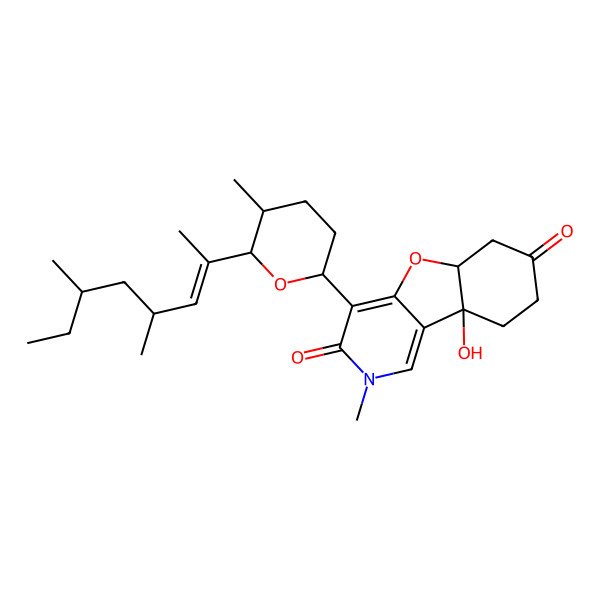 2D Structure of (5aR,9aS)-4-[(2S,5R,6R)-6-[(E,4S,6R)-4,6-dimethyloct-2-en-2-yl]-5-methyloxan-2-yl]-9a-hydroxy-2-methyl-5a,6,8,9-tetrahydro-[1]benzofuro[3,2-c]pyridine-3,7-dione