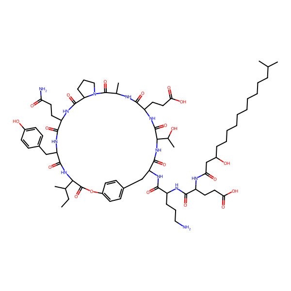 2D Structure of 5-[[5-Amino-1-[[10-(3-amino-3-oxopropyl)-4-butan-2-yl-22-(2-carboxyethyl)-25-(1-hydroxyethyl)-7-[(4-hydroxyphenyl)methyl]-19-methyl-3,6,9,12,18,21,24,27-octaoxo-2-oxa-5,8,11,17,20,23,26-heptazatricyclo[28.2.2.013,17]tetratriaconta-1(33),30(34),31-trien-28-yl]amino]-1-oxopentan-2-yl]amino]-4-[(3-hydroxy-14-methylpentadecanoyl)amino]-5-oxopentanoic acid