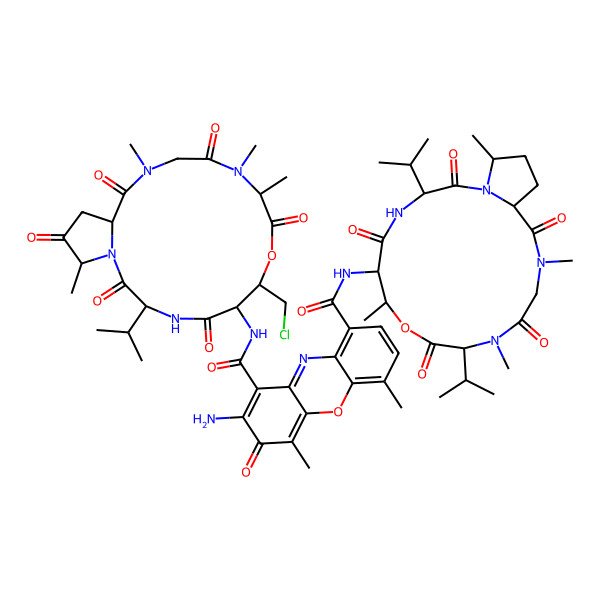2D Structure of 2-amino-1-N-[7-(chloromethyl)-10,11,14,19-tetramethyl-2,5,9,12,15,18-hexaoxo-3-propan-2-yl-8-oxa-1,4,11,14-tetrazabicyclo[14.3.0]nonadecan-6-yl]-4,6-dimethyl-3-oxo-9-N-[7,11,14,19-tetramethyl-2,5,9,12,15-pentaoxo-3,10-di(propan-2-yl)-8-oxa-1,4,11,14-tetrazabicyclo[14.3.0]nonadecan-6-yl]phenoxazine-1,9-dicarboxamide