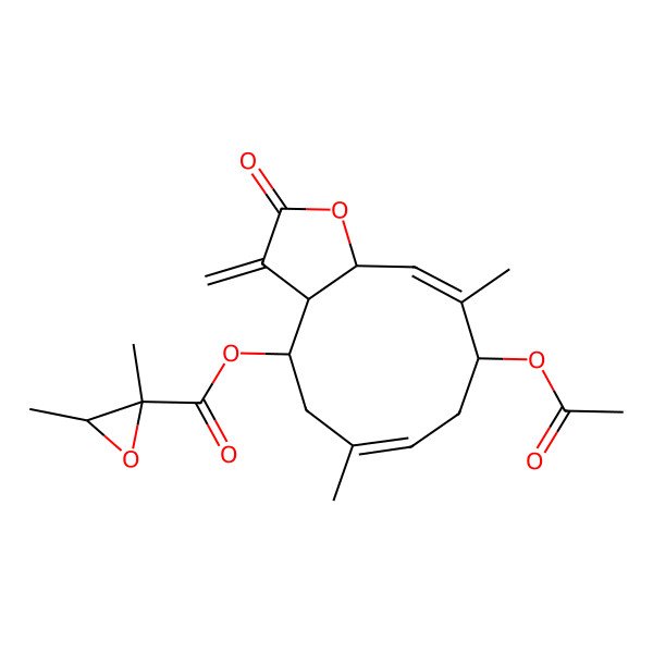 2D Structure of [(3aR,4R,6E,9R,10E,11aS)-9-acetyloxy-6,10-dimethyl-3-methylidene-2-oxo-3a,4,5,8,9,11a-hexahydrocyclodeca[b]furan-4-yl] (2S,3S)-2,3-dimethyloxirane-2-carboxylate
