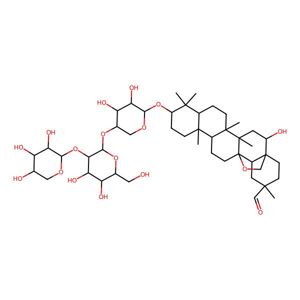 2D Structure of (1S,2S,4S,5R,8R,10S,13S,14S,17S,18S,20R)-10-[(2R,3S,4R,5R)-5-[(2R,3R,4S,5S,6R)-4,5-dihydroxy-6-(hydroxymethyl)-3-[(2S,3S,4S,5R)-3,4,5-trihydroxyoxan-2-yl]oxyoxan-2-yl]oxy-3,4-dihydroxyoxan-2-yl]oxy-2-hydroxy-4,5,9,9,13,20-hexamethyl-24-oxahexacyclo[15.5.2.01,18.04,17.05,14.08,13]tetracosane-20-carbaldehyde