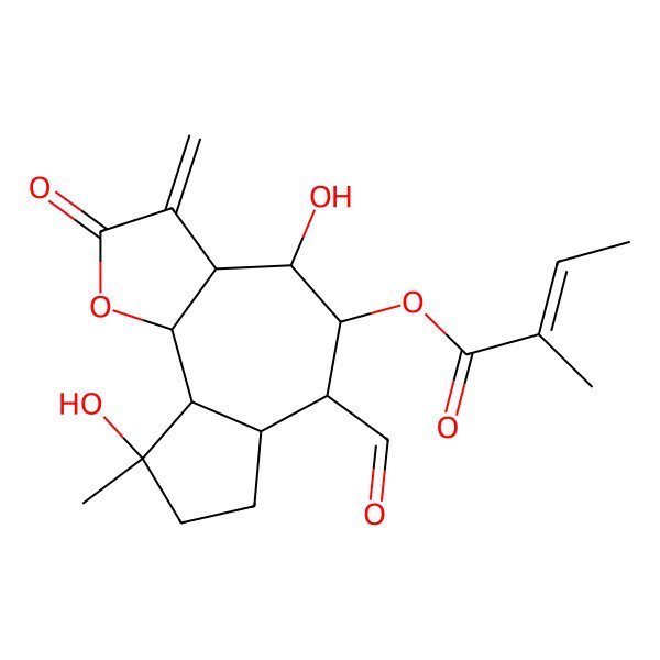2D Structure of (6-formyl-4,9-dihydroxy-9-methyl-3-methylidene-2-oxo-4,5,6,6a,7,8,9a,9b-octahydro-3aH-azuleno[4,5-b]furan-5-yl) 2-methylbut-2-enoate