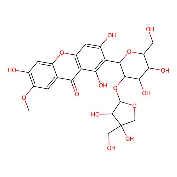 2D Structure of 2-[3-[3,4-Dihydroxy-4-(hydroxymethyl)oxolan-2-yl]oxy-4,5-dihydroxy-6-(hydroxymethyl)oxan-2-yl]-1,3,6-trihydroxy-7-methoxyxanthen-9-one