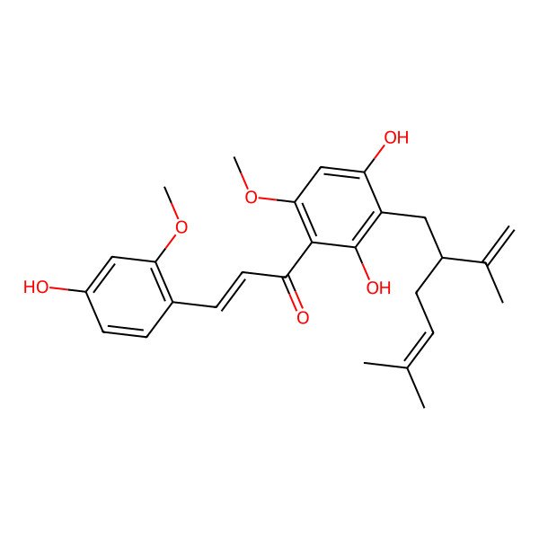 2D Structure of (E)-1-[2,4-dihydroxy-6-methoxy-3-[(2S)-5-methyl-2-prop-1-en-2-ylhex-4-enyl]phenyl]-3-(4-hydroxy-2-methoxyphenyl)prop-2-en-1-one