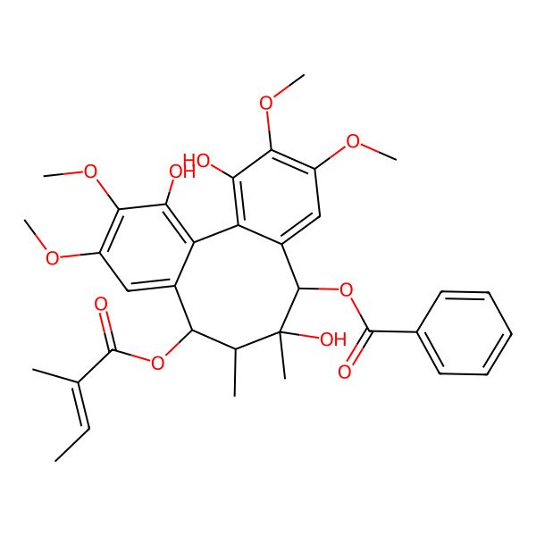 2D Structure of [(8S,9S,10S,11R)-3,9,16-trihydroxy-4,5,14,15-tetramethoxy-9,10-dimethyl-11-[(Z)-2-methylbut-2-enoyl]oxy-8-tricyclo[10.4.0.02,7]hexadeca-1(16),2,4,6,12,14-hexaenyl] benzoate