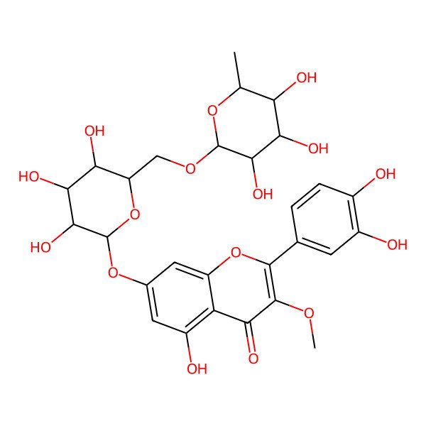 2D Structure of 2-(3,4-Dihydroxyphenyl)-5-hydroxy-3-methoxy-7-[3,4,5-trihydroxy-6-[(3,4,5-trihydroxy-6-methyloxan-2-yl)oxymethyl]oxan-2-yl]oxychromen-4-one