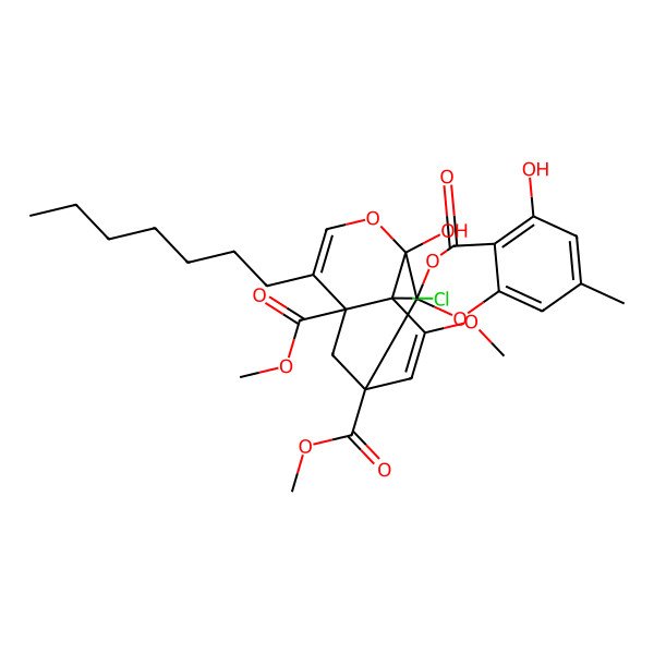 2D Structure of Dimethyl 8'-chloro-6'-heptyl-3',5-dihydroxy-9'-methoxy-7-methyl-4-oxospiro[1,3-benzodioxine-2,2'-4-oxatricyclo[5.3.1.03,8]undeca-5,9-diene]-1',7'-dicarboxylate