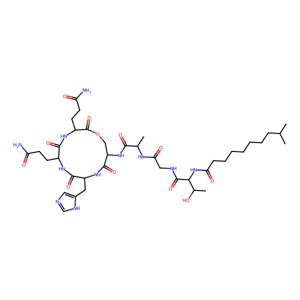 2D Structure of N-[1-[[2-[[1-[[3,6-bis(3-amino-3-oxopropyl)-9-(1H-imidazol-5-ylmethyl)-2,5,8,11-tetraoxo-1-oxa-4,7,10-triazacyclotridec-12-yl]amino]-1-oxopropan-2-yl]amino]-2-oxoethyl]amino]-3-hydroxy-1-oxobutan-2-yl]-9-methyldecanamide